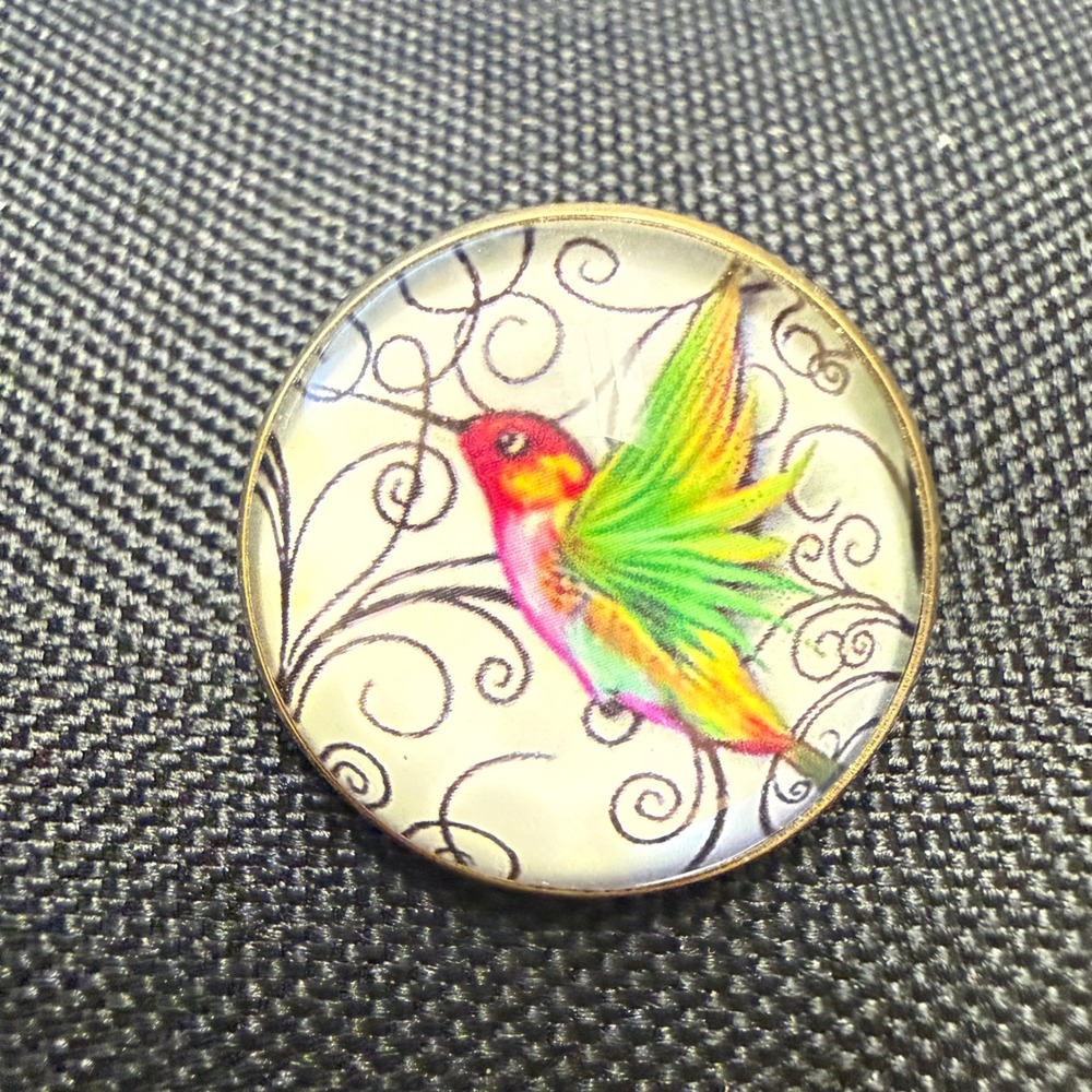 Colorful Hummingbird Glass Cabochon‎ Pin Bronze Tone Round Nature Brooch